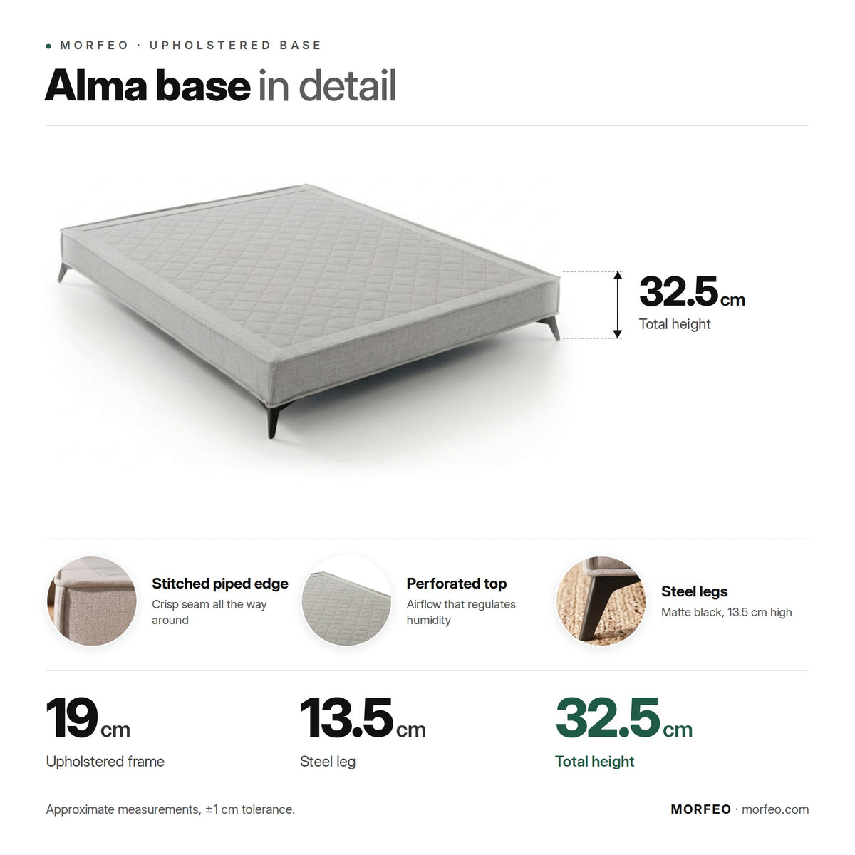 Alma upholstered base by Morfeo infographic: 19 cm frame, 13.5 cm steel legs and 32.5 cm total height.