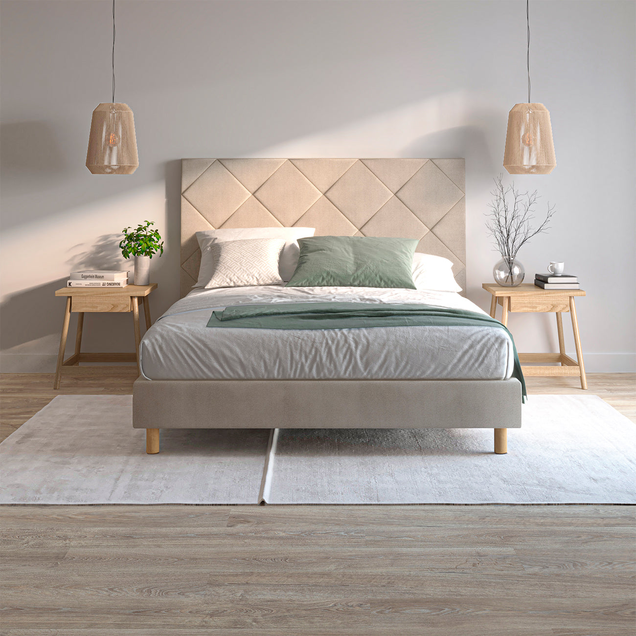 Base tapizada Samos color beige de Morfeo en ambiente de dormitorio con cama vestida y textiles claros.