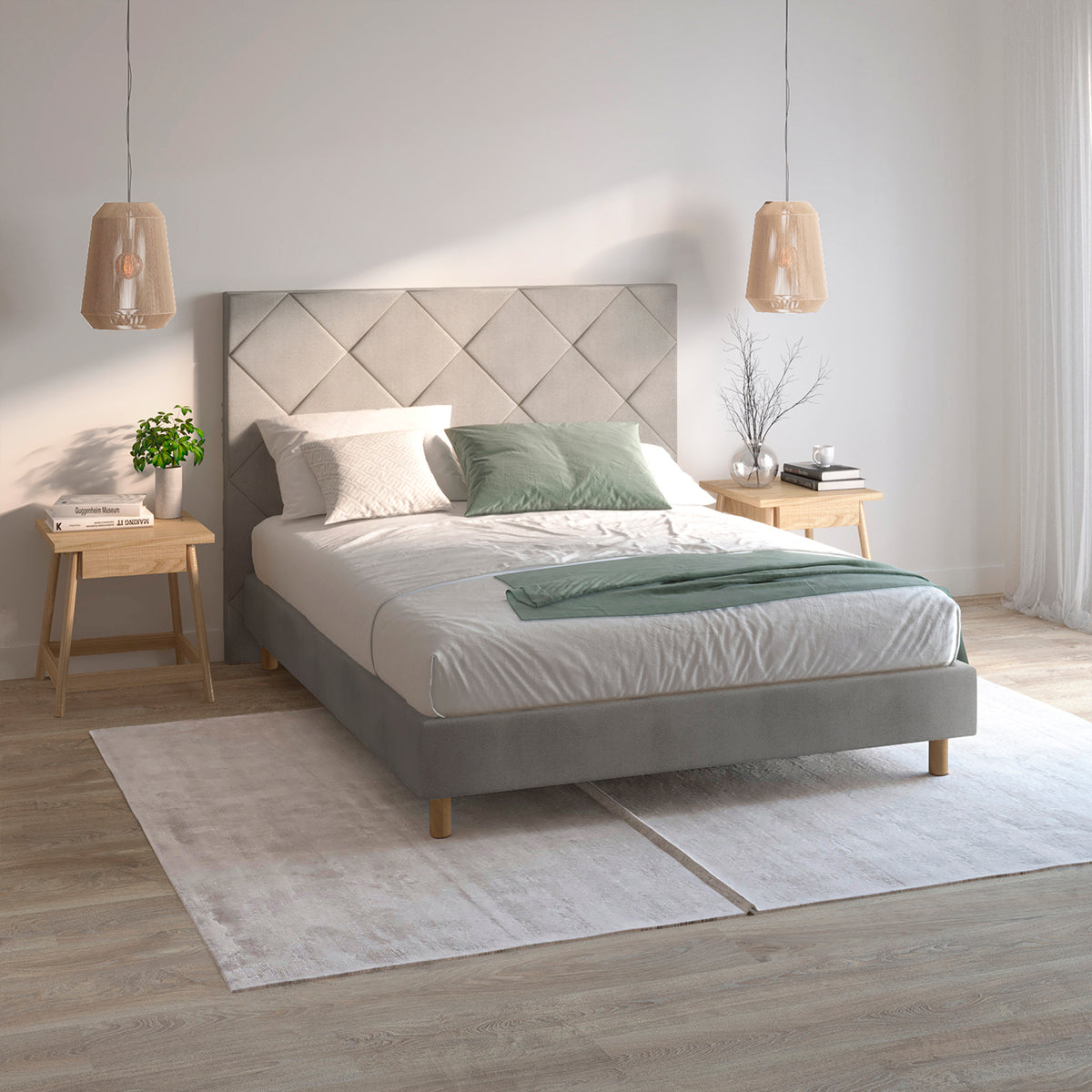 A gray Samos headboard by Morfeo in a bright, contemporary-style bedroom.