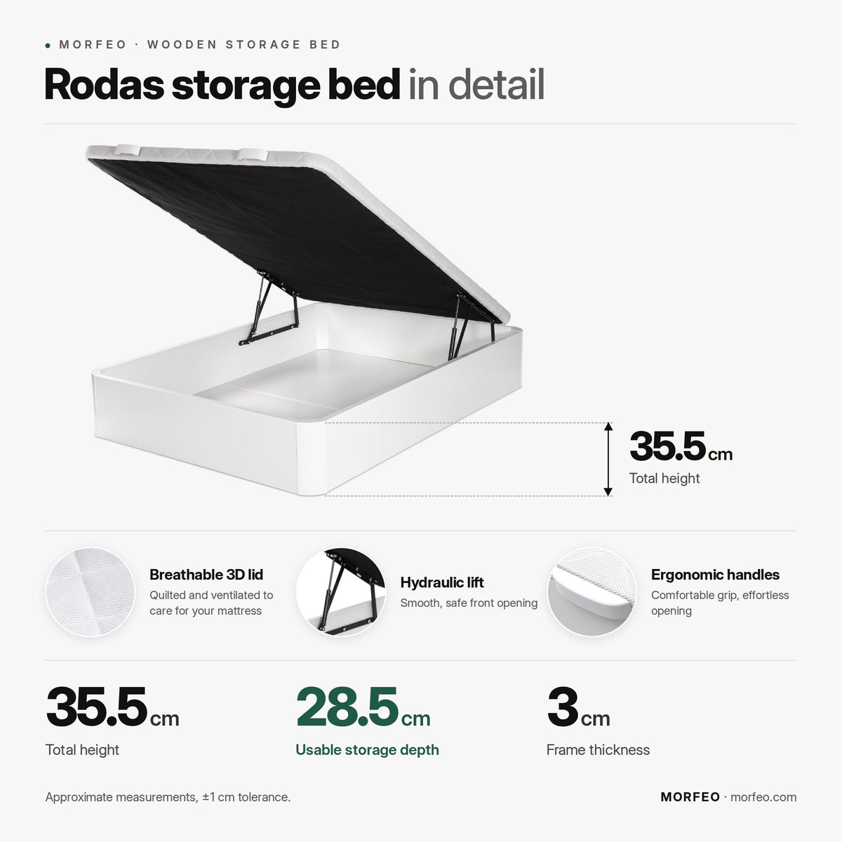 Rodas wooden storage bed by Morfeo infographic: 35.5 cm total height, 28.5 cm usable storage depth and 3 cm frame.