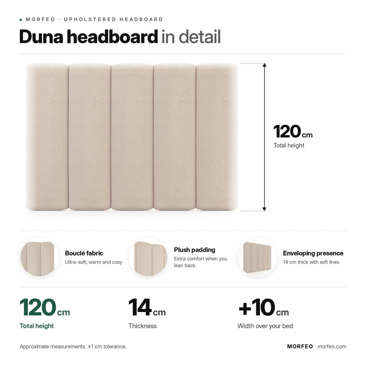 Duna upholstered headboard by Morfeo infographic: 120 cm high, 14 cm thick, bed width +10 cm.