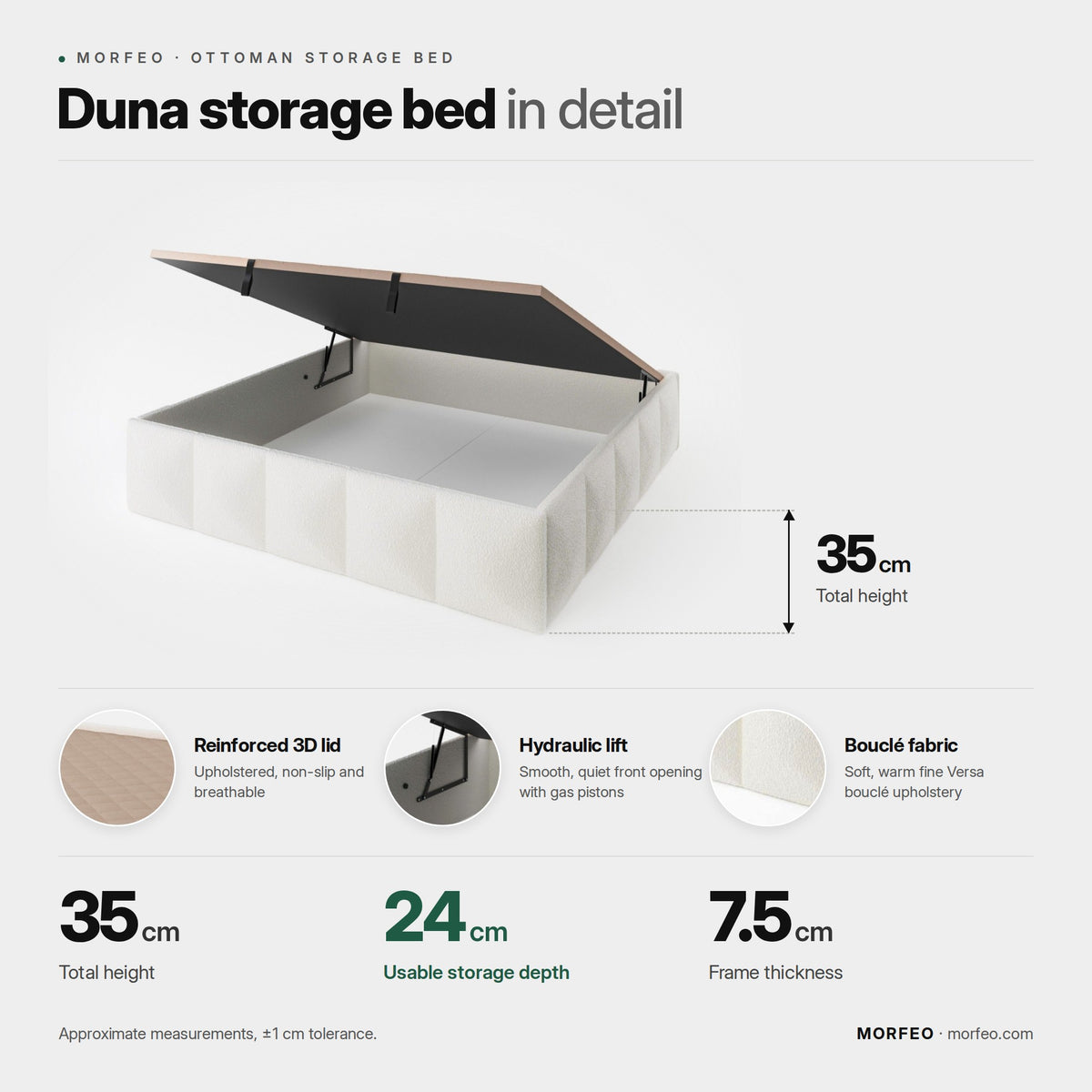 Duna storage bed by Morfeo infographic: 35 cm total height, 24 cm usable storage depth and 7.5 cm frame.