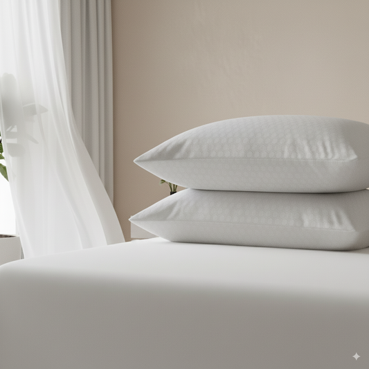 Fundas de almohada FreshCool de Morfeo en dos almohadas apiladas sobre la cama en un dormitorio luminoso.