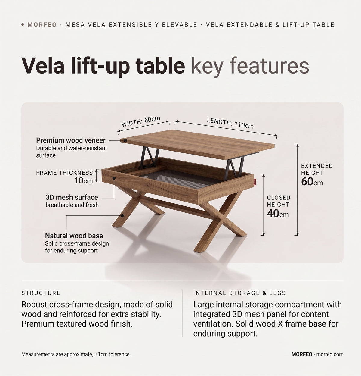 Infografía de la mesa elevable Vela de Morfeo: 110 x 60 cm, altura de 40 a 60 cm y almacenaje interior.