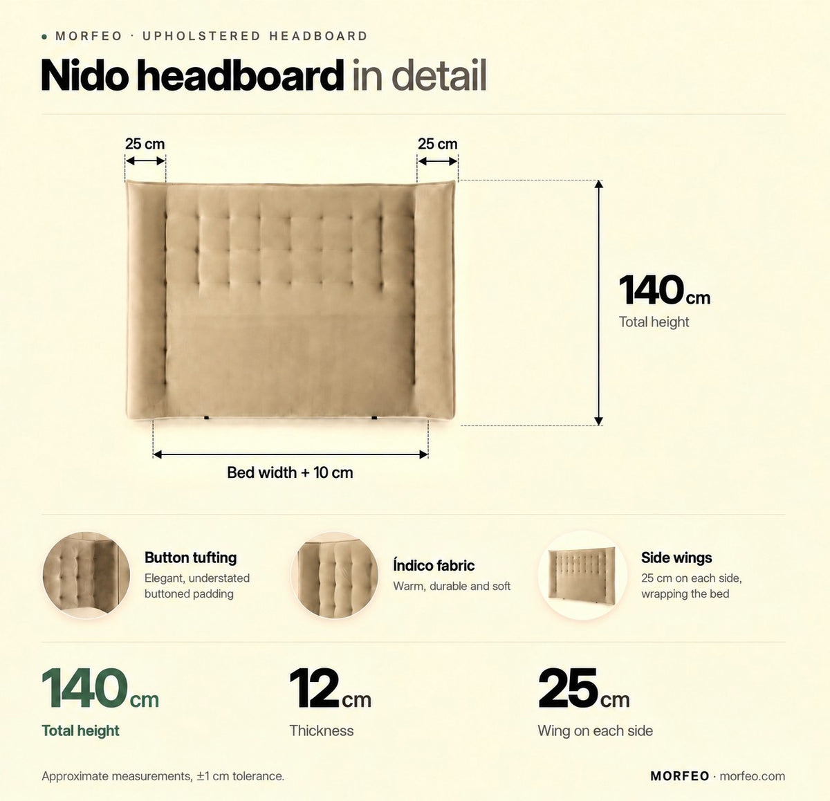 Nido upholstered headboard by Morfeo dimensions: 140 cm high with 25 cm side wings.