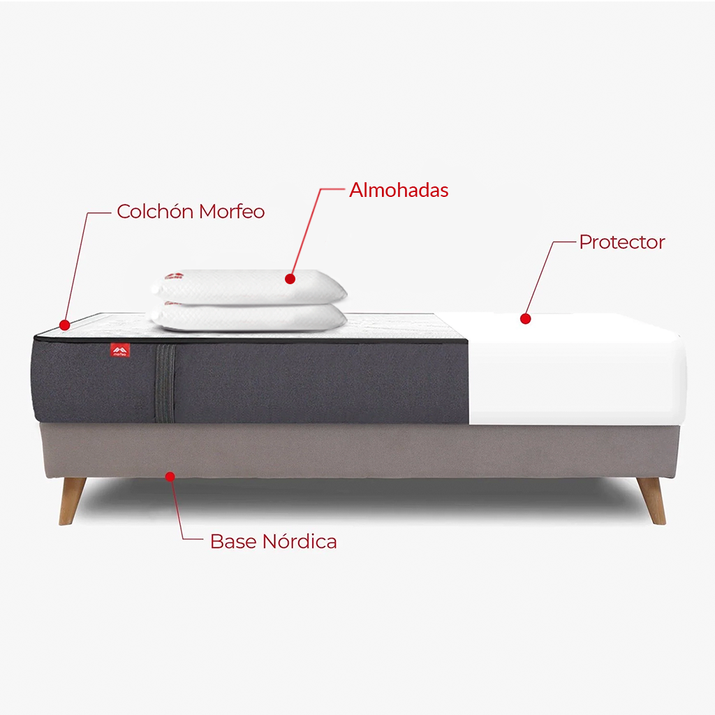 Pack con colchón Morfeo, base tapizada Silos con patas de madera, dos almohadas y protector, medida 135x190.