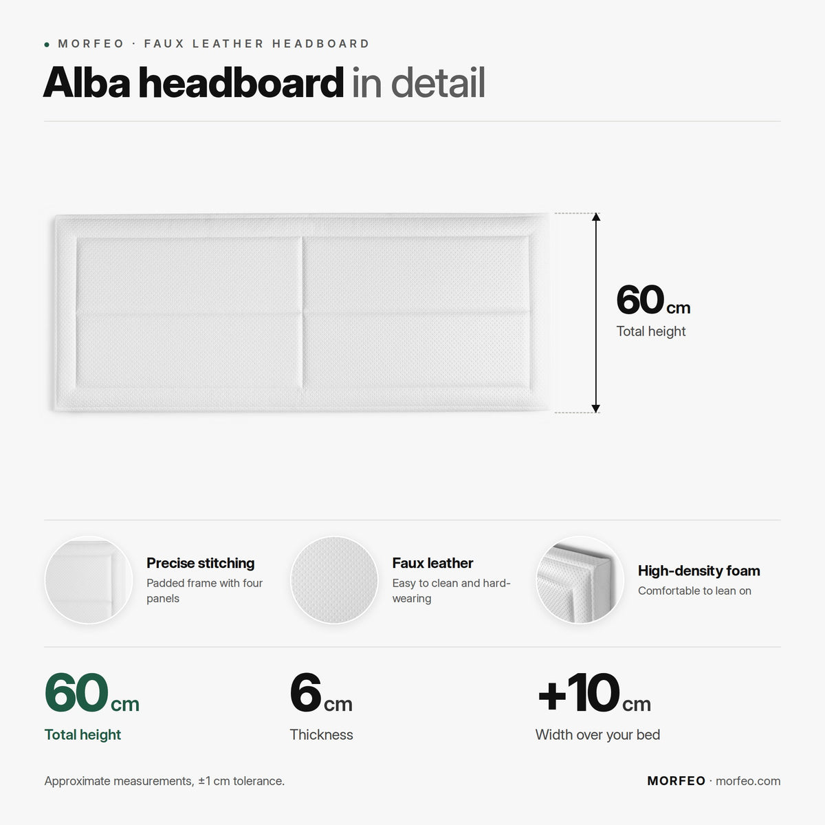 Alba faux leather headboard by Morfeo infographic: 60 cm high, 6 cm thick, bed width +10 cm.