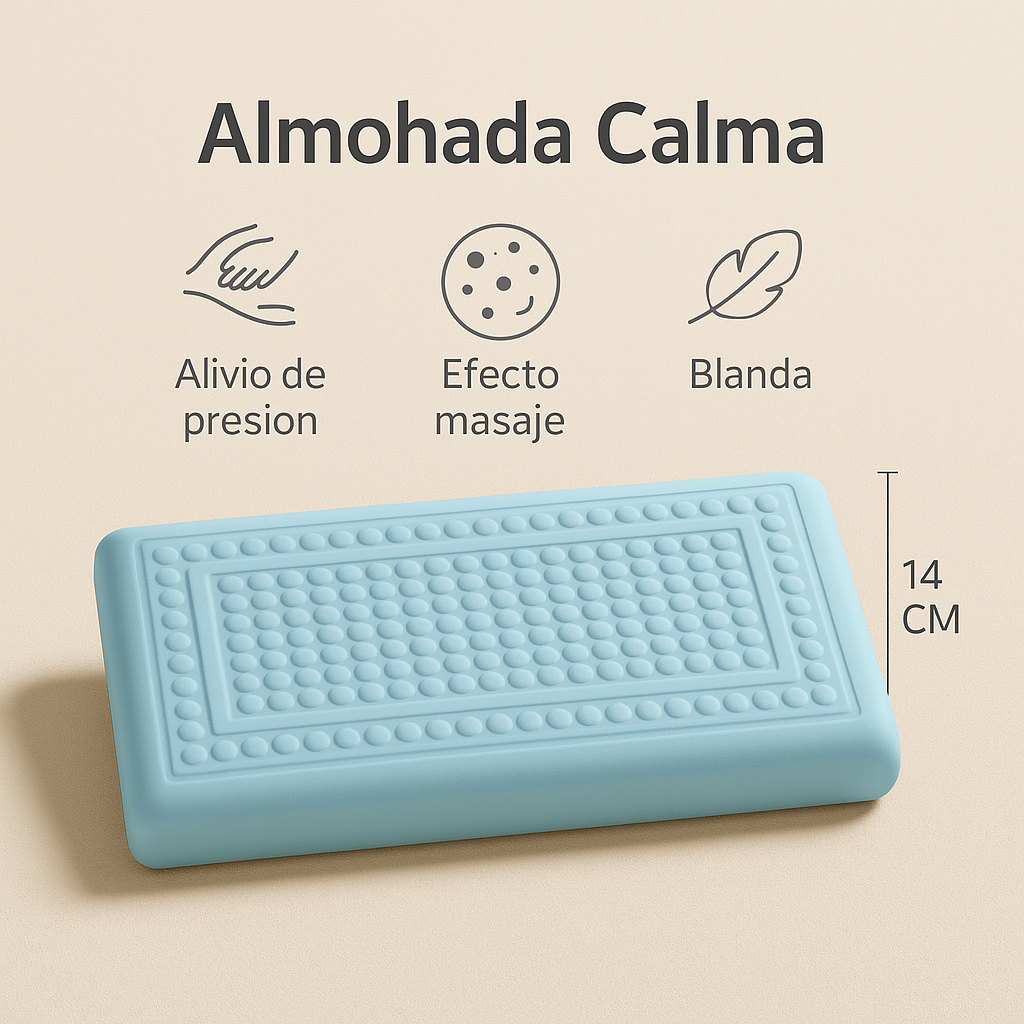 Ficha técnica de la almohada Calma de Morfeo: alivio de presión, efecto masaje, tacto blando y 14 cm de altura.