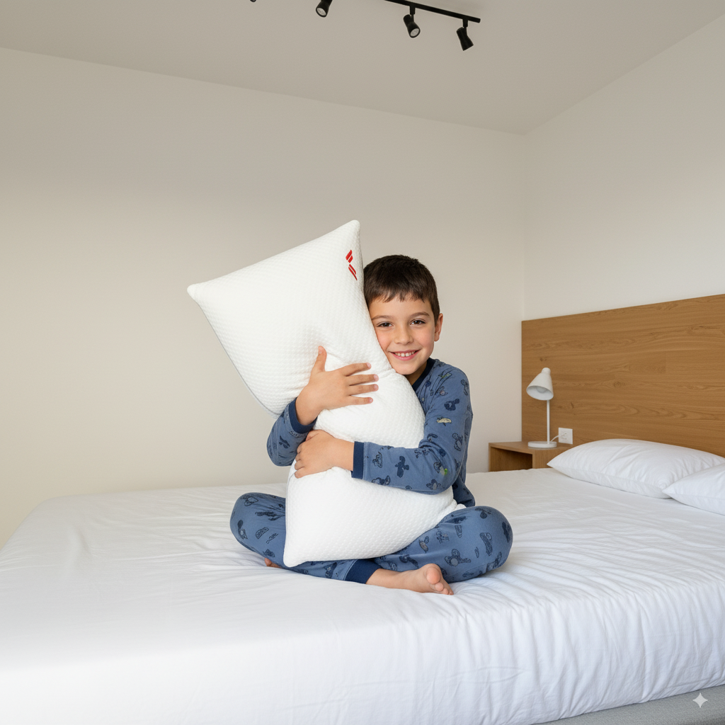 Niño en pijama abrazando la almohada suave Calma de Morfeo sentado sobre la cama de un dormitorio.