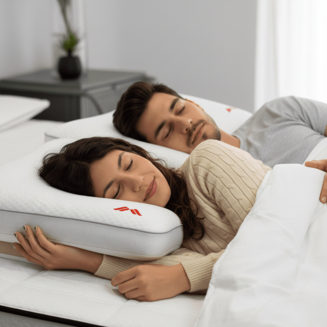 Pareja durmiendo en la cama con la cabeza apoyada en la almohada suave Calma de Morfeo.