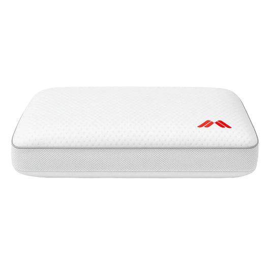 Vista frontal de la almohada viscoelástica AirHigh de Morfeo sobre fondo blanco, con ribete gris y logo rojo.