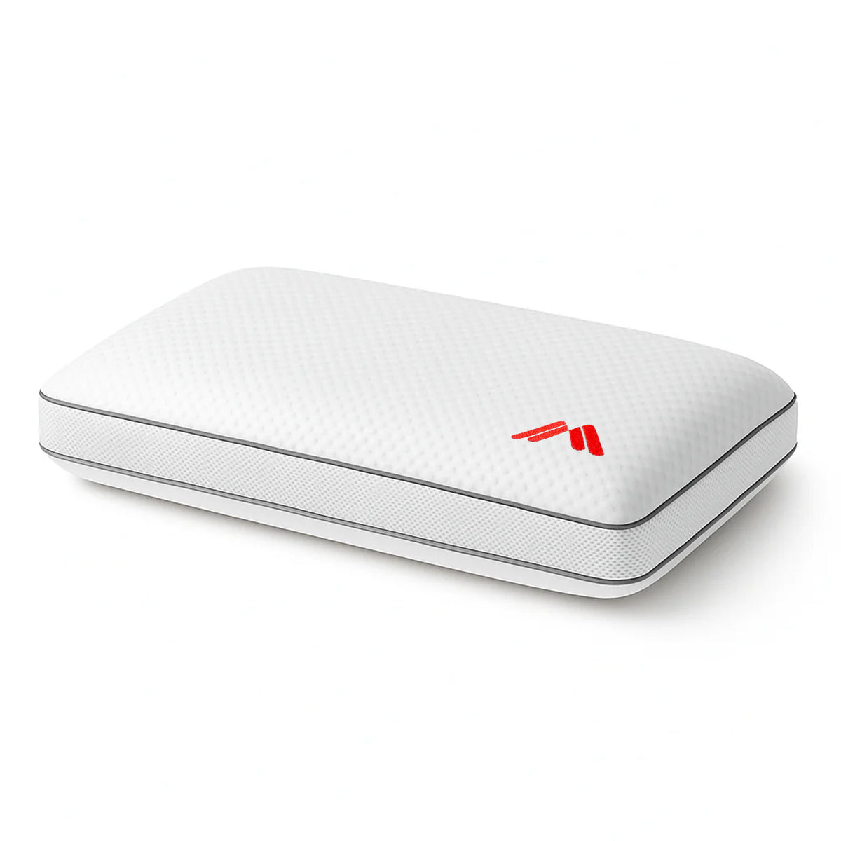 Almohada viscoelástica AirHigh de Morfeo en perspectiva sobre fondo blanco, con lateral de tejido transpirable.