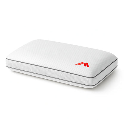 Almohada viscoelástica AirHigh de Morfeo en perspectiva sobre fondo blanco, con lateral de tejido transpirable.