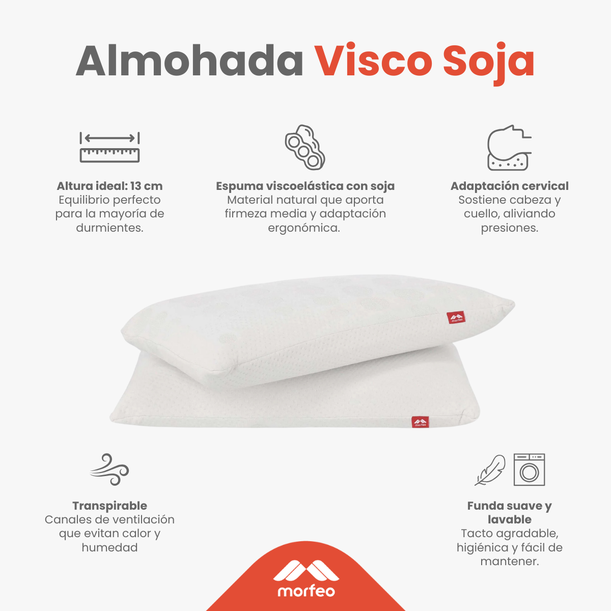 Ficha técnica de la almohada Visco Soja de Morfeo: 13 cm de altura, espuma viscoelástica con soja y funda lavable.