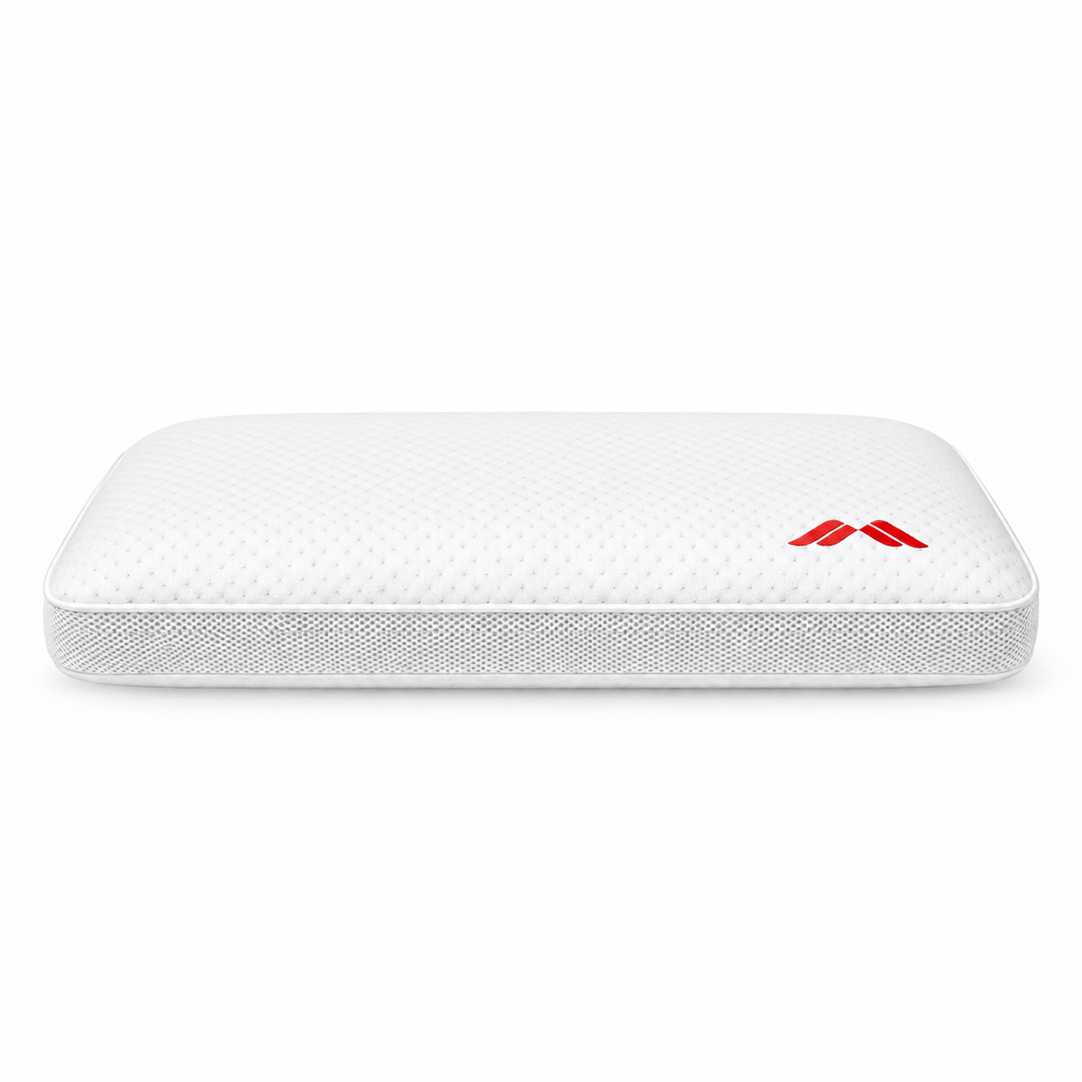 Almohada viscoelástica Calma de Morfeo sobre fondo blanco, de 12 cm de altura, con lateral transpirable y logo rojo.