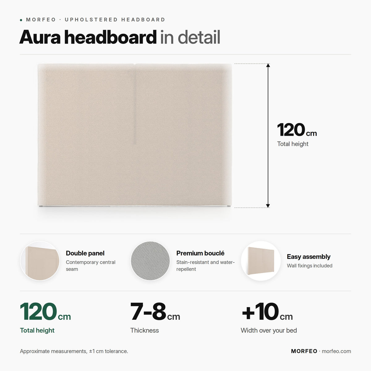 Aura upholstered headboard by Morfeo infographic: 120 cm high, 7-8 cm thick, bed width +10 cm.