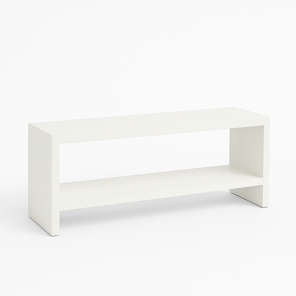 Banqueta Creta color blanco de Morfeo en vista lateral sobre fondo blanco con estructura de madera y estante inferior visible.