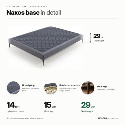 Naxos upholstered base by Morfeo infographic: 14 cm frame, 15 cm metal legs and 29 cm total height.