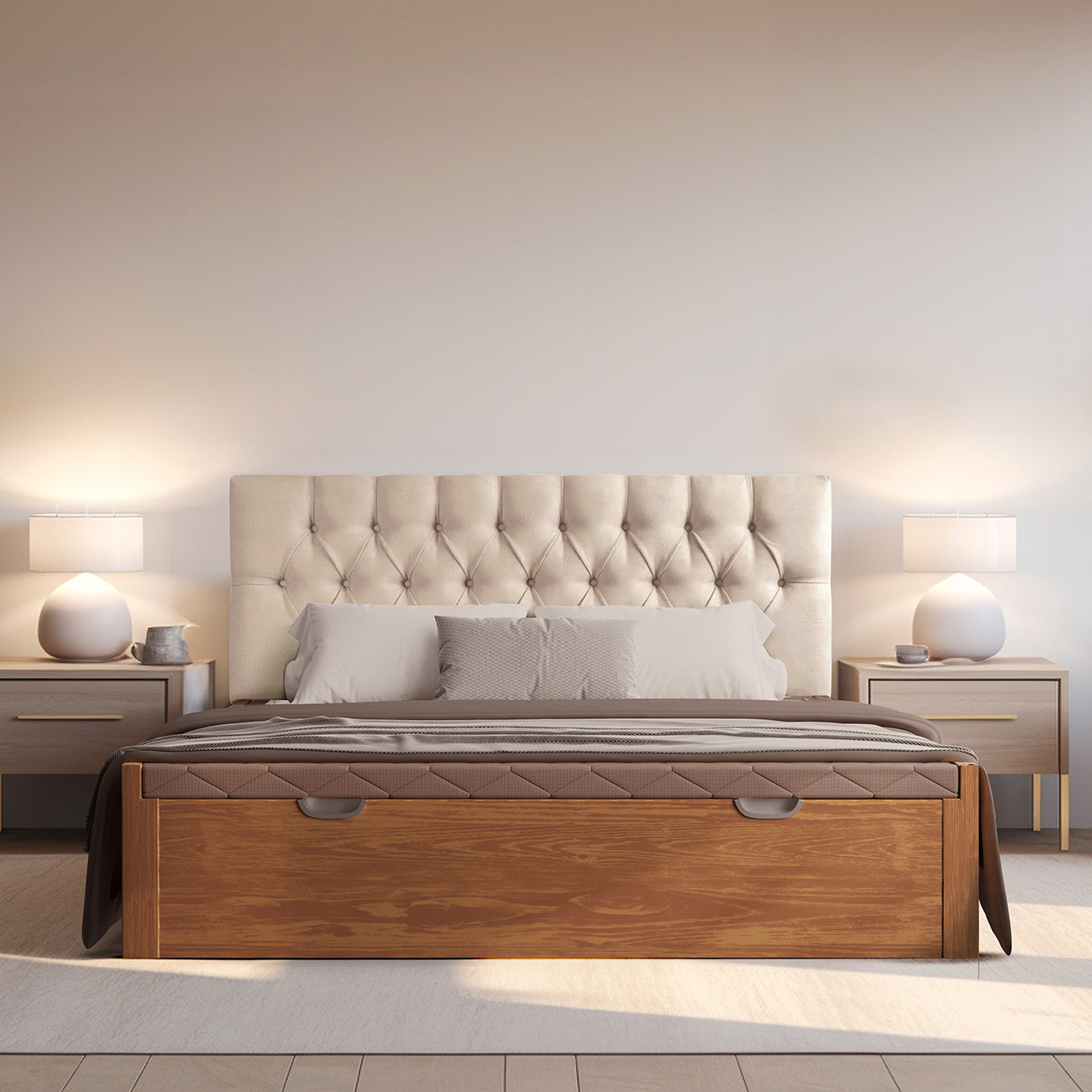 Base Sofy Bellota de Morfeo en dormitorio luminoso con cama y textiles claros.