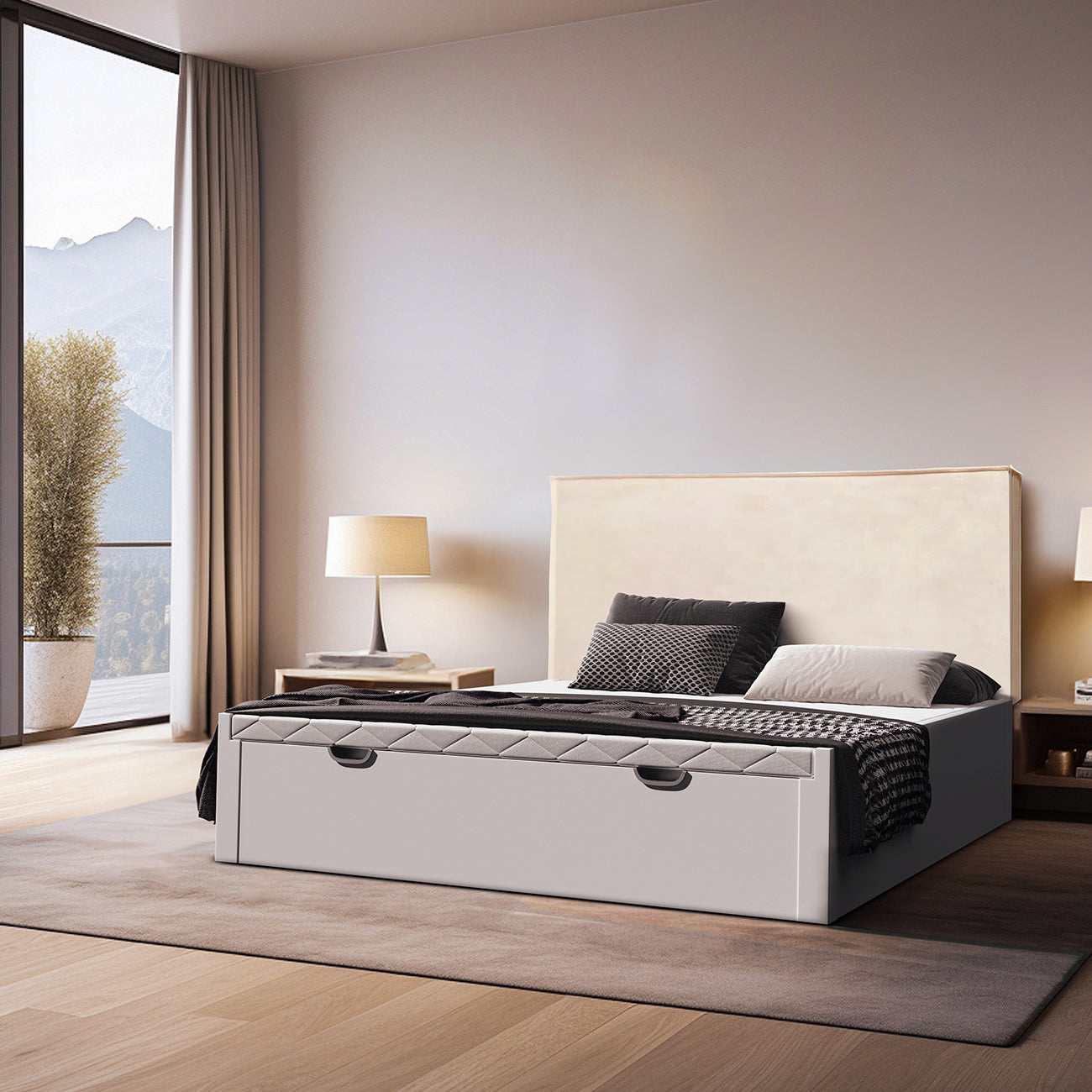 Base Sofy color blanco de Morfeo en dormitorio con ventanal amplio, cama vestida y textiles claros.