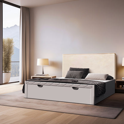 Base Sofy color blanco de Morfeo en dormitorio con ventanal amplio, cama vestida y textiles claros.