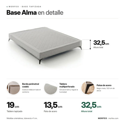 Infografía de la base tapizada Alma de Morfeo: tablero de 19 cm, patas de acero de 13,5 cm y 32,5 cm de altura total.