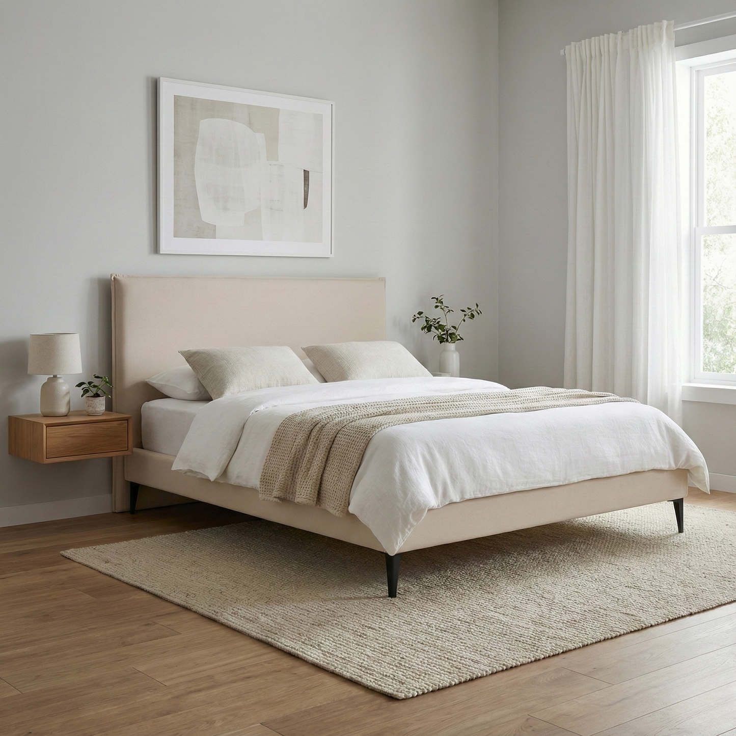 Base Naxos en beige en dormitorio contemporáneo con maderas claras