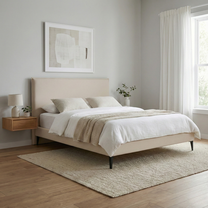 Base Naxos en beige en dormitorio contemporáneo con maderas claras