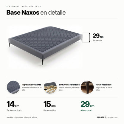 Infografía de la base tapizada Naxos de Morfeo: tablero de 14 cm, patas metálicas de 15 cm y 29 cm de altura total.