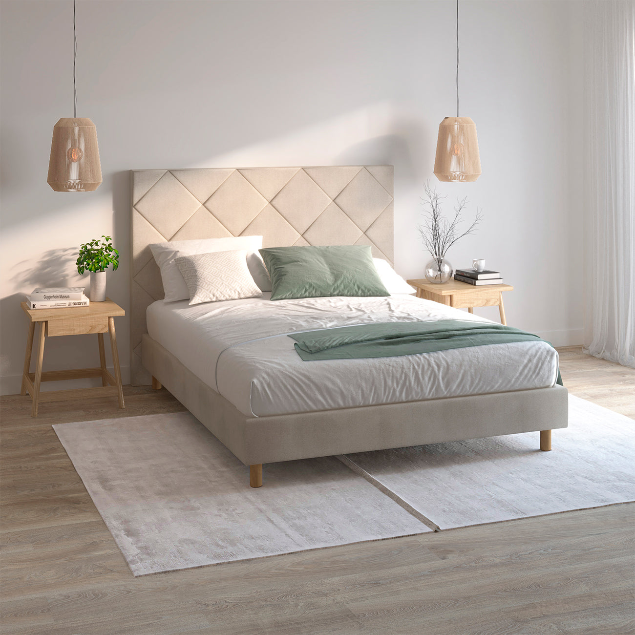 Base tapizada Samos color beige de Morfeo en ambiente de dormitorio con cama vestida y textiles claros.