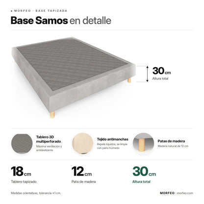 Infografía de la base tapizada Samos de Morfeo: tablero de 18 cm, patas de madera de 12 cm y 30 cm de altura total.