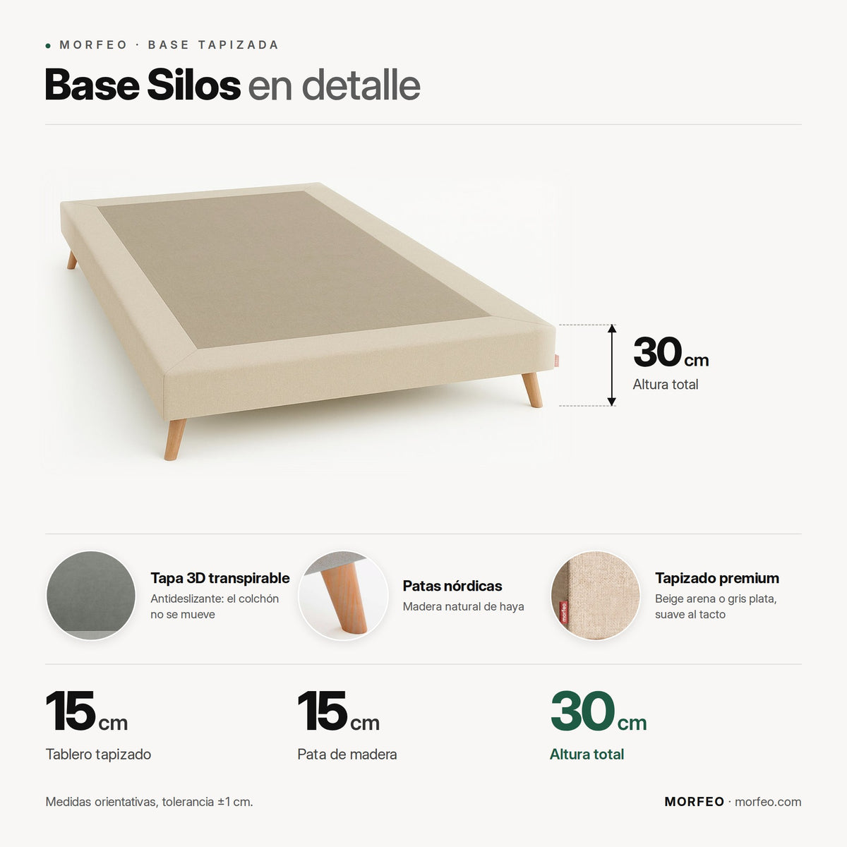 Infografía de la base tapizada Silos de Morfeo: tablero de 15 cm, patas de haya de 15 cm y 30 cm de altura total.