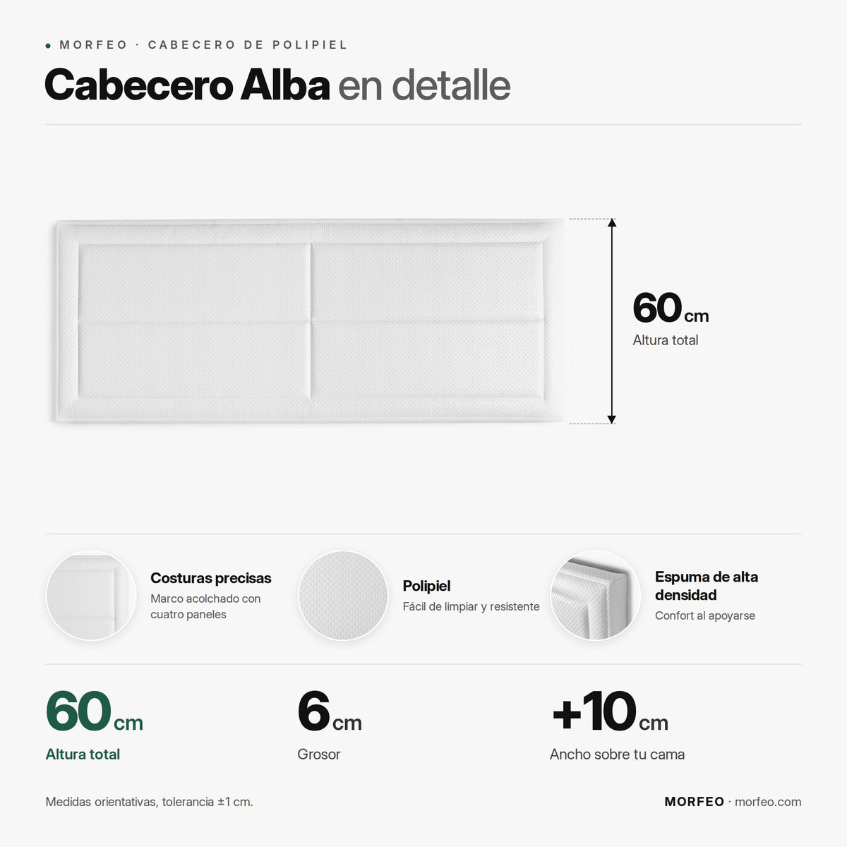 Infografía del cabecero de polipiel Alba de Morfeo: 60 cm de altura, 6 cm de grosor y ancho de la cama +10 cm.