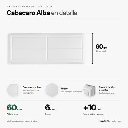 Infografía del cabecero de polipiel Alba de Morfeo: 60 cm de altura, 6 cm de grosor y ancho de la cama +10 cm.