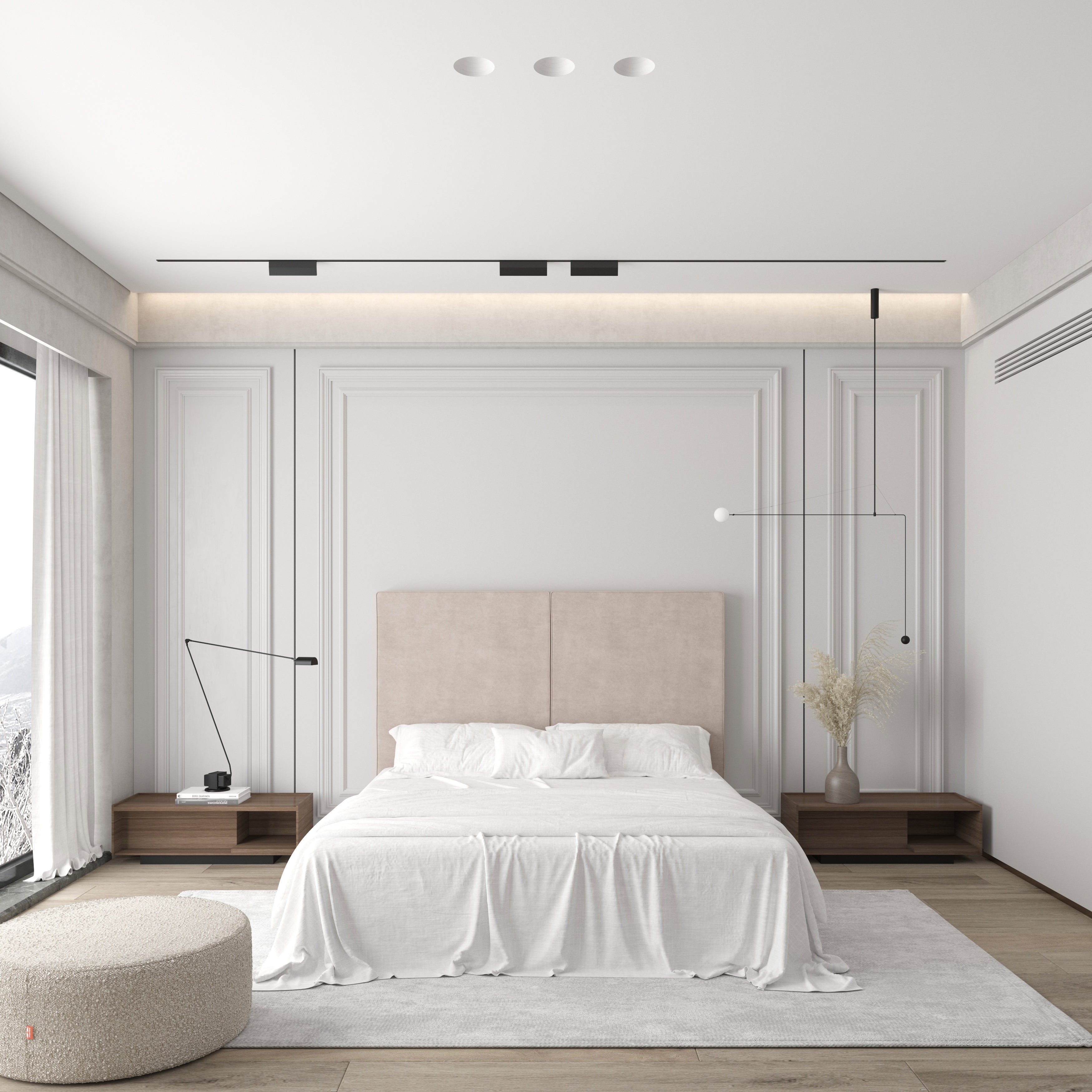 Cabecero Aura color beige de Morfeo en dormitorio moderno con cama y textiles claros.