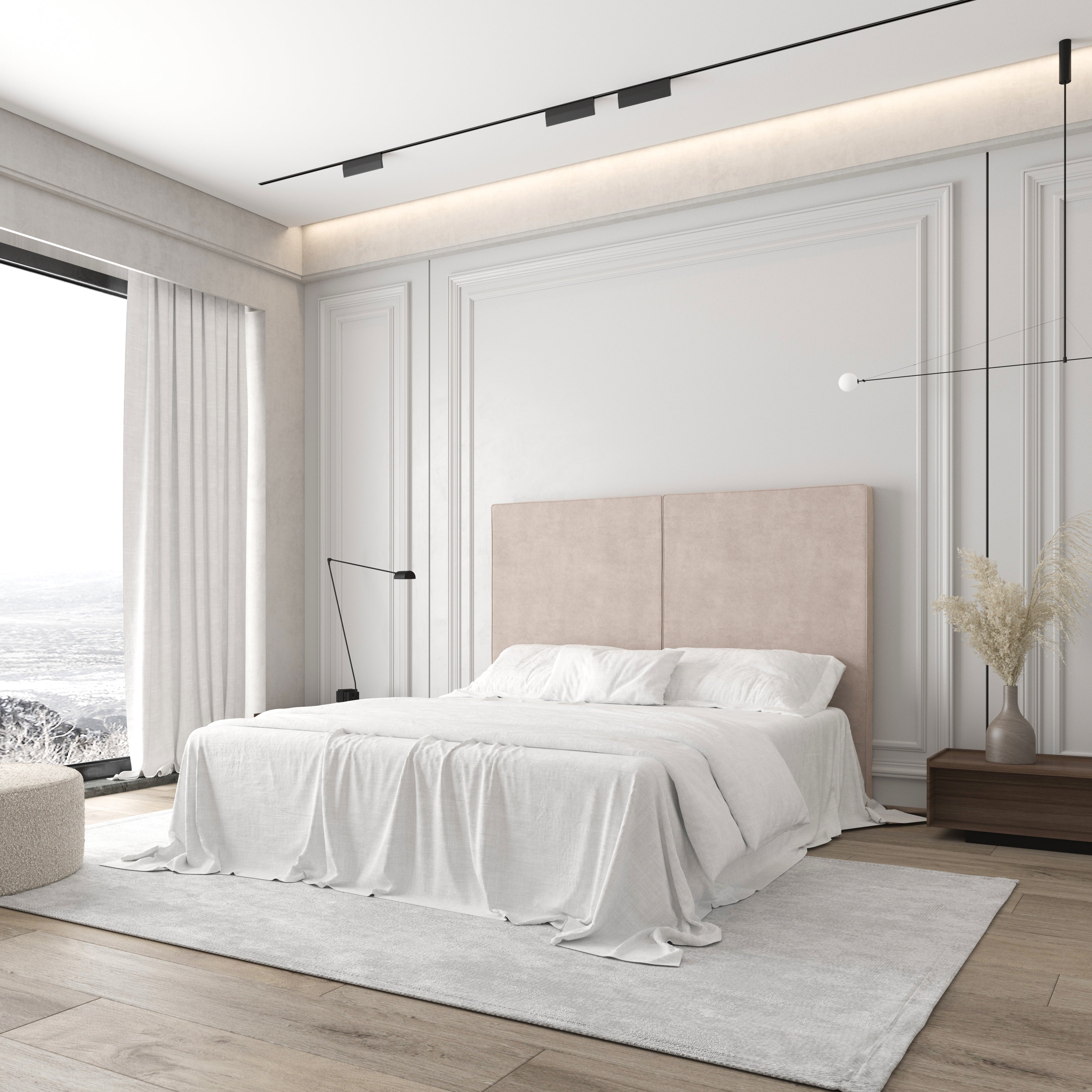 Cabecero Aura color beige de Morfeo en dormitorio moderno con cama y textiles claros.
