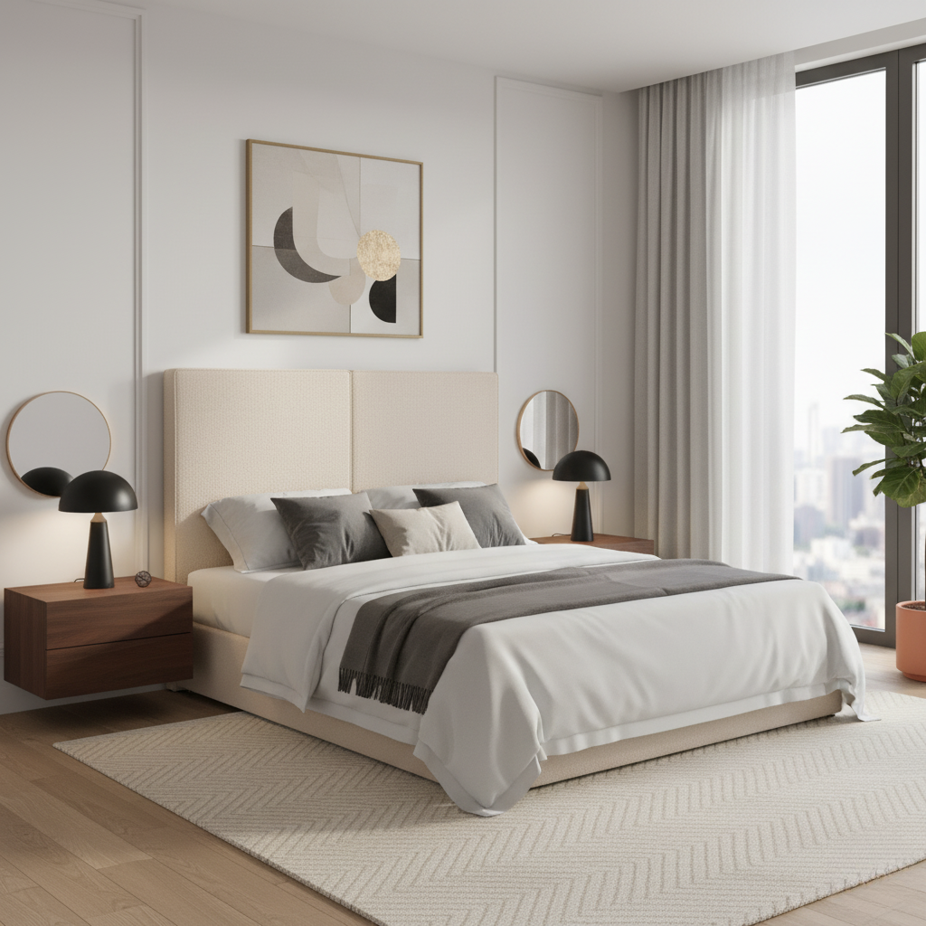 Cabecero Aura color beige de Morfeo en dormitorio de estilo natural con textiles claros.
