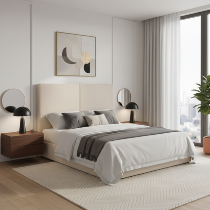 Cabecero Aura color beige de Morfeo en dormitorio de estilo natural con textiles claros.