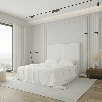 Cabecero Aura color blanco de Morfeo en dormitorio moderno con cama y textiles claros.