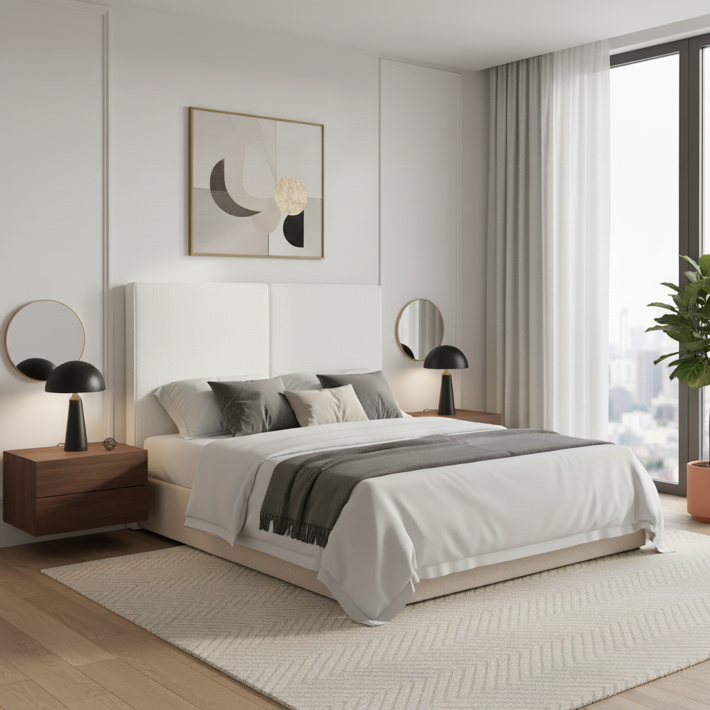 Cabecero Aura color blanco de Morfeo en dormitorio de estilo natural con textiles claros.