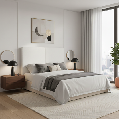 Cabecero Aura color blanco de Morfeo en dormitorio de estilo natural con textiles claros.