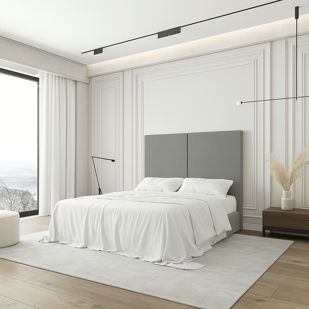Cabecero Aura color gris de Morfeo en dormitorio moderno con cama y textiles claros.