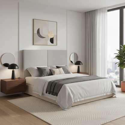 Cabecero Aura color gris de Morfeo en dormitorio de estilo natural con textiles claros.