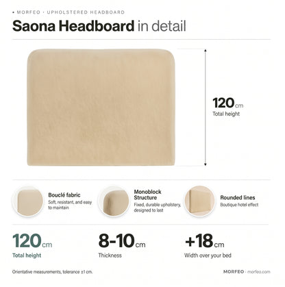 Medidas del cabecero Saona beige de Morfeo: 120 cm de altura, 8-10 cm de grosor y 18 cm más ancho que la cama, en tejido bouclé