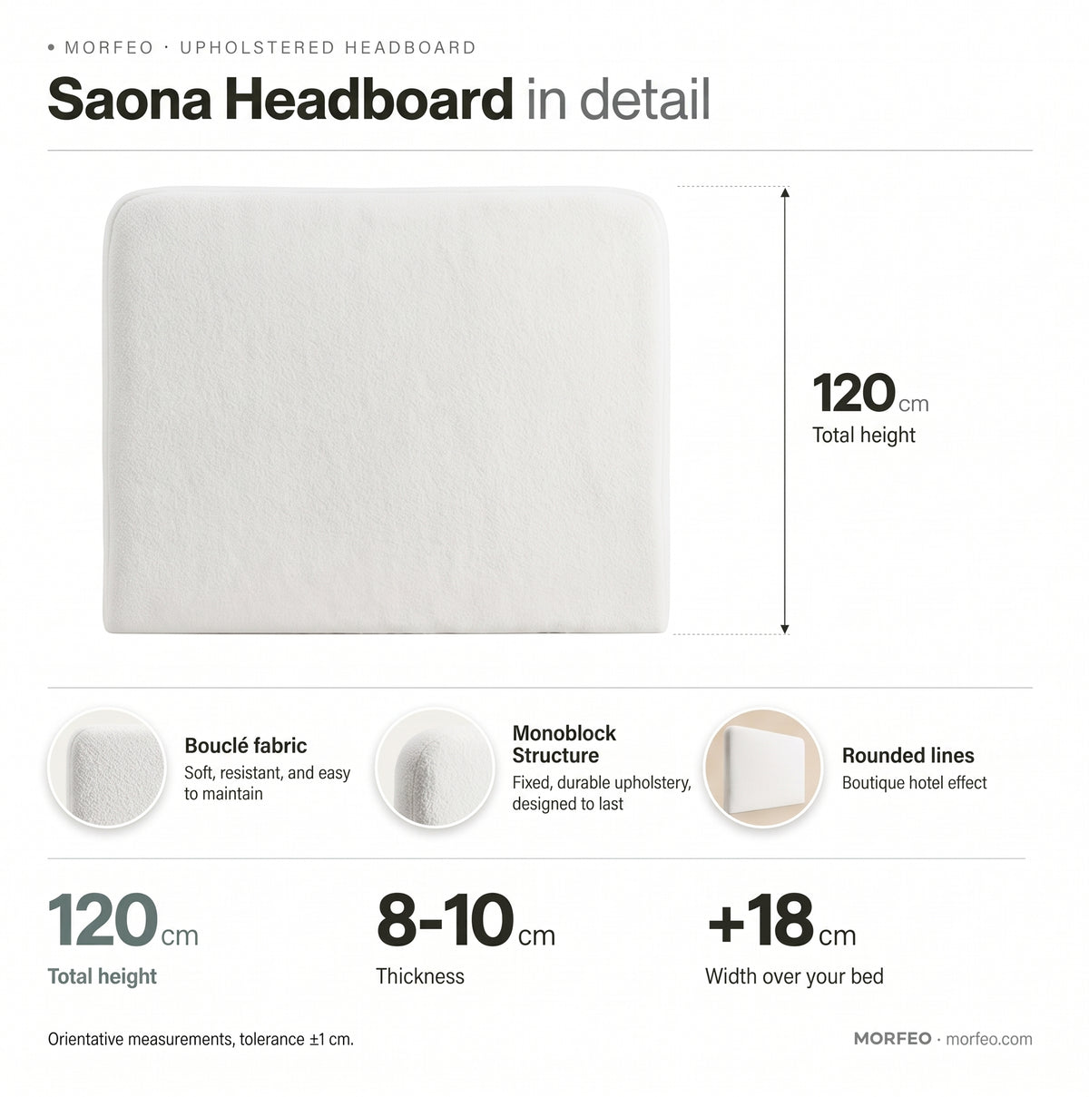 Medidas del cabecero Saona blanco de Morfeo: 120 cm de altura, 8-10 cm de grosor y 18 cm más ancho que la cama, en tejido bouclé