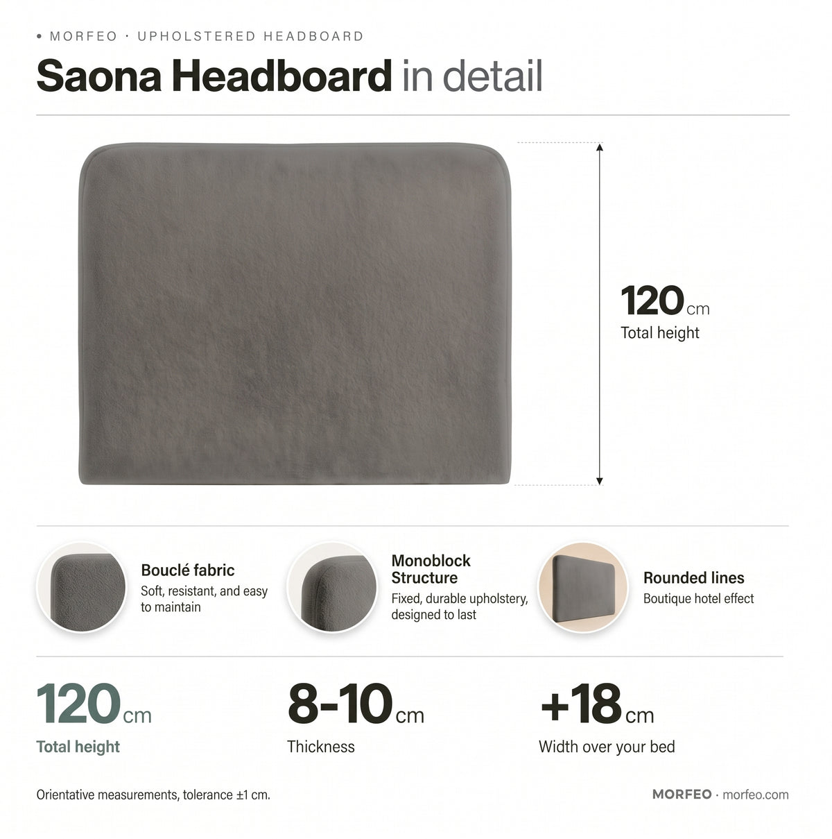 Medidas del cabecero Saona gris de Morfeo: 120 cm de altura, 8-10 cm de grosor y 18 cm más ancho que la cama, en tejido bouclé