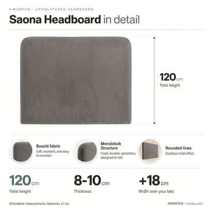 Medidas del cabecero Saona gris de Morfeo: 120 cm de altura, 8-10 cm de grosor y 18 cm más ancho que la cama, en tejido bouclé