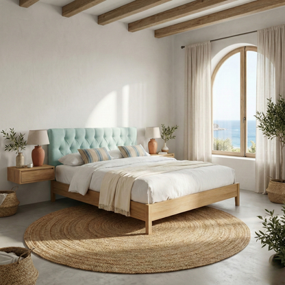 Cabecero Capy aguamarina de Morfeo en dormitorio luminoso con cama de madera.