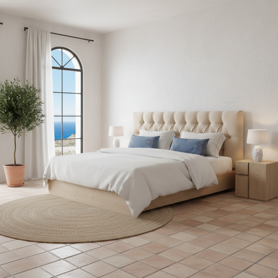 Cabecero Capy beige de Morfeo en dormitorio luminoso con cama de madera.