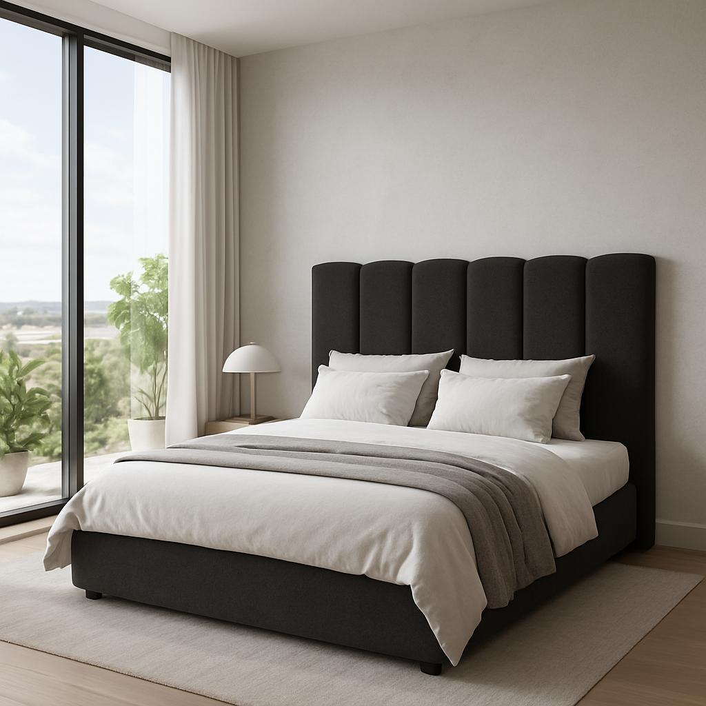 Morfeo's anthracite-colored Duna headboard in a modern bedroom with light-colored linens.